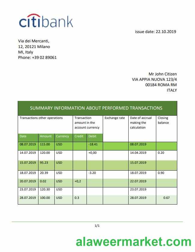 Italy Citibank statement